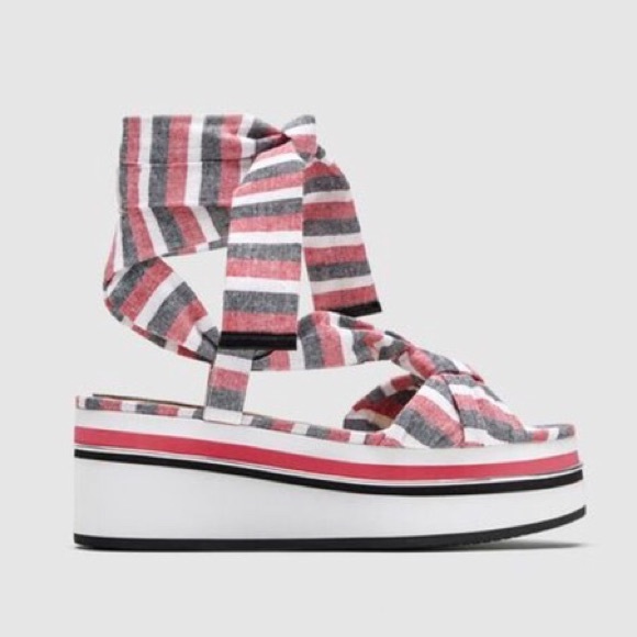 Zara Striped Tie-up Wrap Wedge Sandals Size 7.5/38 - Picture 2 of 11